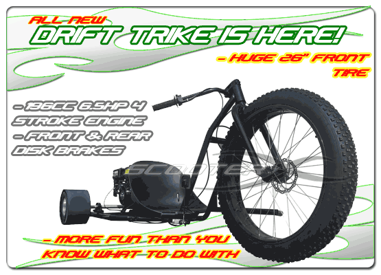 We are proud to say we are the manufacturer of ScooterX! We produce a full line of gas and electric scooters, go karts, gas skateboards, Drift Trikes, performance parts, and more. We have something to fufill all your on or off road needs. Simply click the links on the left to start viewing.